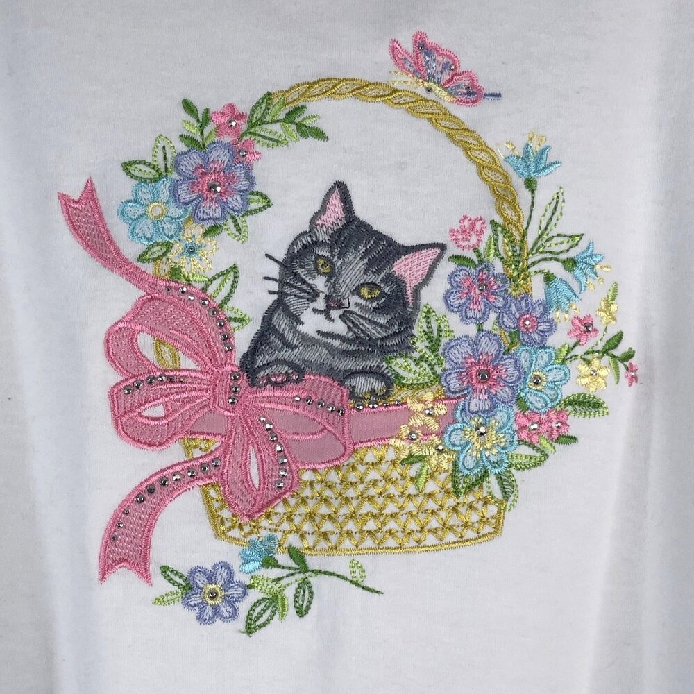 Vintage Alfred Dunner Top XLarge Embroidered CAT Grannycore Dainty Twee Kawaii - Picture 2 of 11